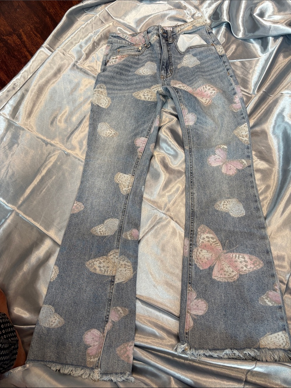 Tinseltown Light Wash Flare Jeans with Pink Butterfly Print